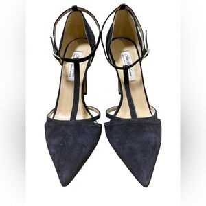 Saks Fifth Avenue Pointed T-Strap Suede Heels in Navy Blue Size 10